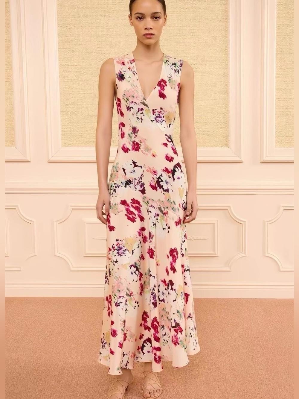 ULLA JOHNSON Elowen Printed V-Neck Sleeveless Midi Dress Floral, 2 4 6 8 - Picture 3 of 13